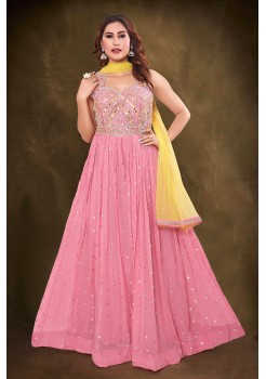 Pink  And Yellow  Greorgette / Chiffon / Wrinkle Gown